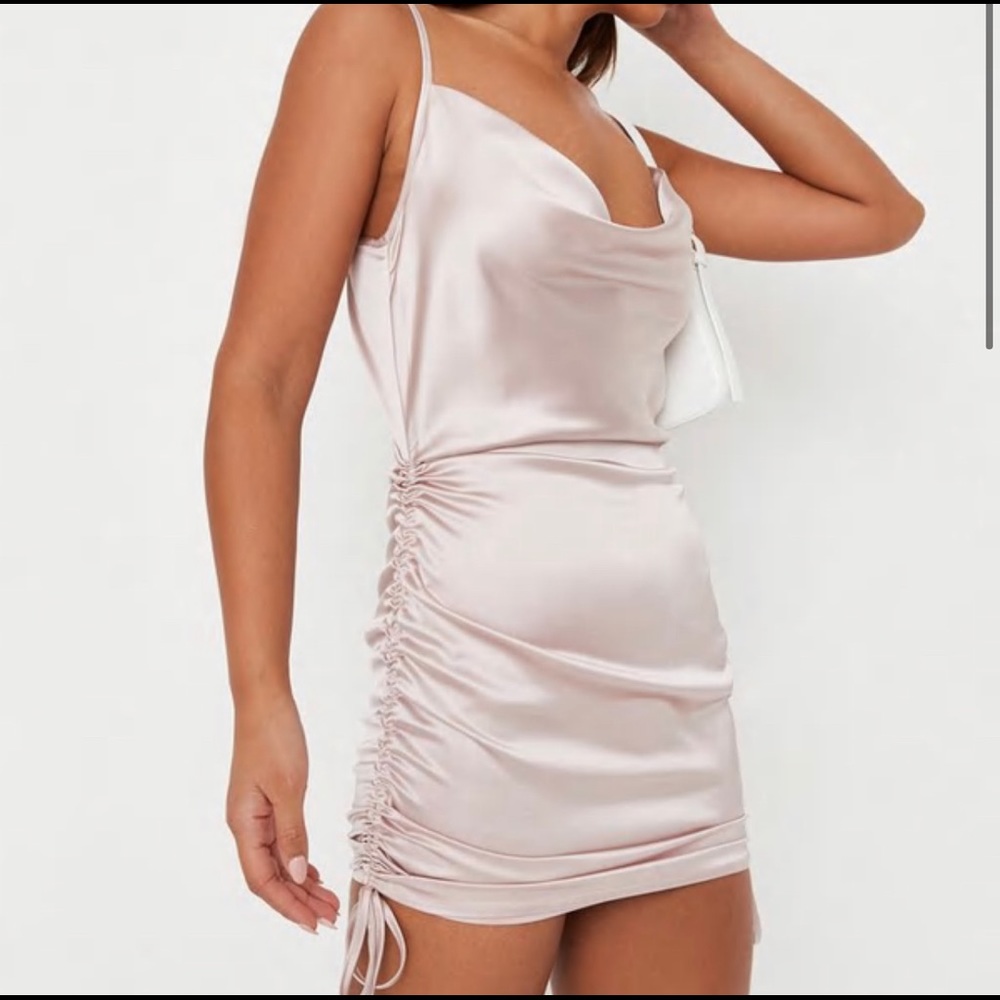 Missguided champagne satin cowl neck ruched mini dress
